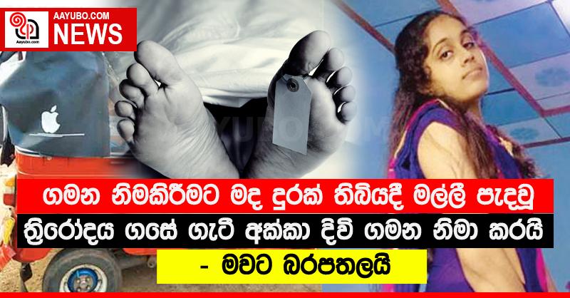 ගමන නිමකිරීමට මද දුරක් තිබියදී මල්ලී පැදවූ ත්‍රිරෝදය ගසේ ගැටී අක්කා දිවි ගමන නිමා කරයි - මවට බරපතලයි