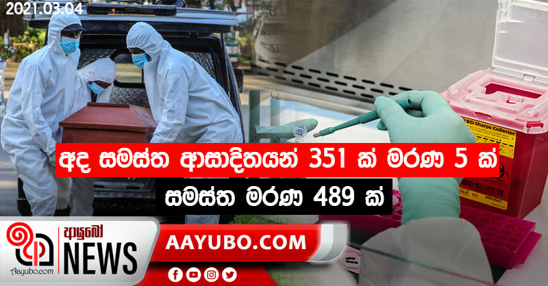 අද සමස්ත ආසාදිතයන් 351 ක්, මරණ 5 ක්, සමස්ත මරණ ගණන 489 ක්