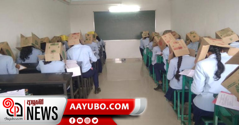 Students wear boxes on their heads during exam
